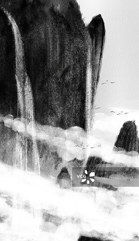 宏伟的山川云海风景黑白插画图片素材