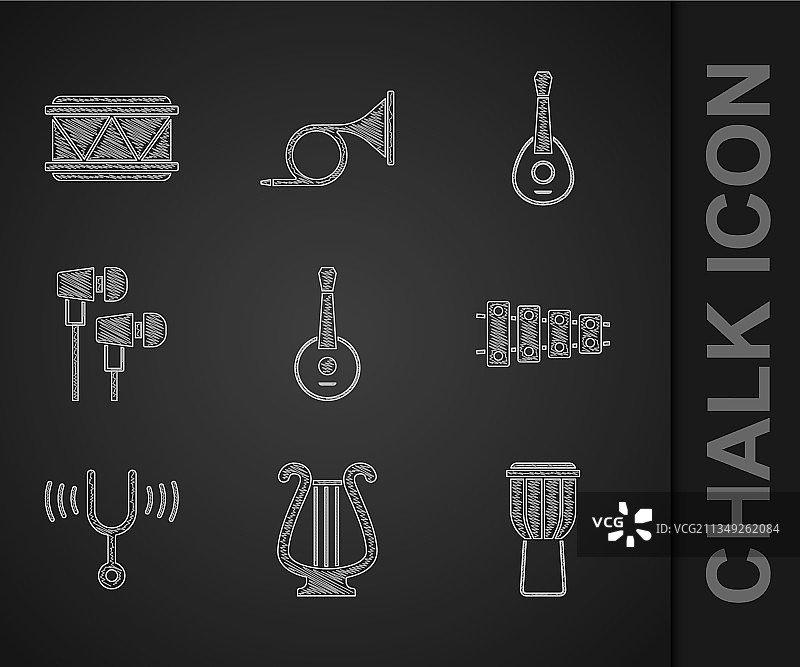 班卓琴、古里拉琴、鼓和木琴乐器套装图片素材