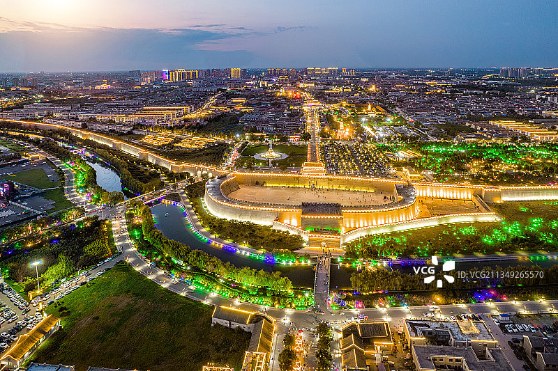 河北省石家庄正定古城夜景航拍图片素材