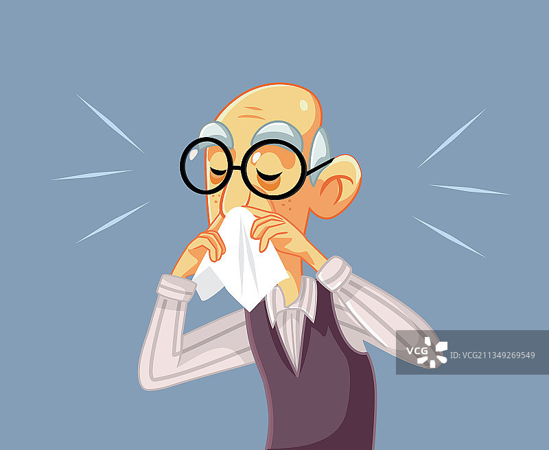 老人感觉不适，正在擤鼻涕图片素材