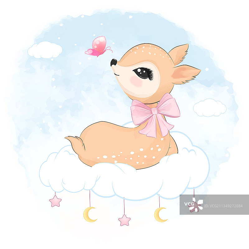 坐在云朵上的可爱小鹿图片素材