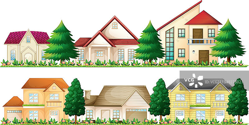 白色背景上的郊区住宅合集图片素材