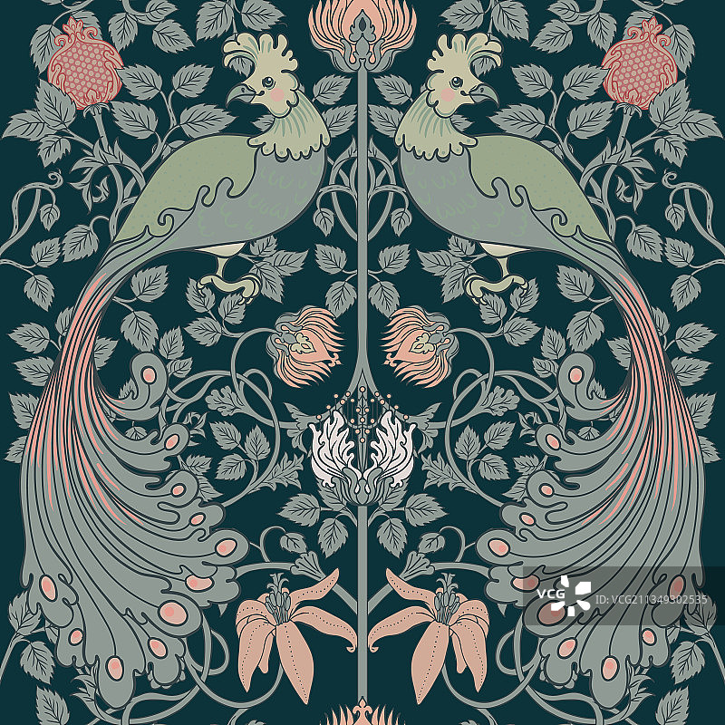 带鸟类的花卉复古无缝图案图片素材