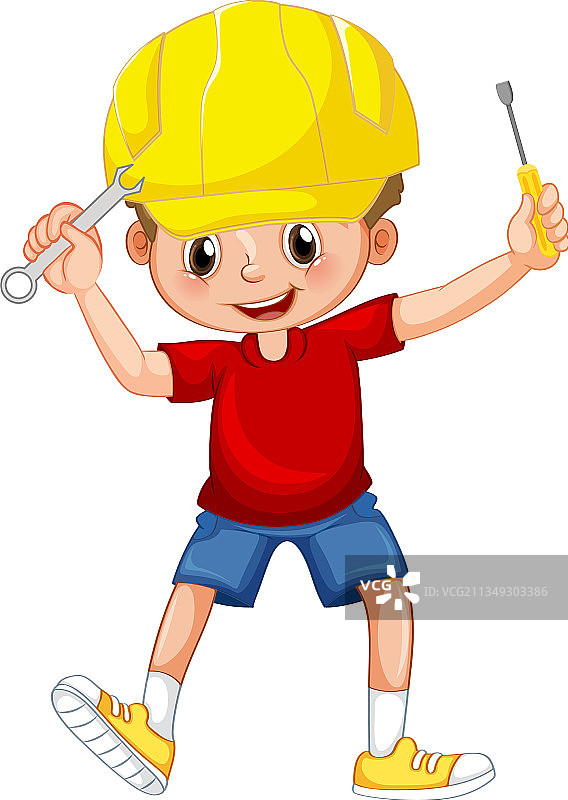 男孩拿着手动工具，白色背景图片素材