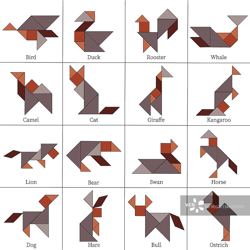 不同动物造型的七巧板拼图方案图片素材