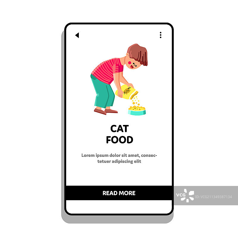 男孩将猫粮从袋子倒入盘中图片素材