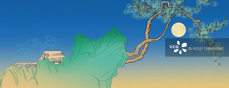 中国风新中式中国画青绿山水画中秋月亮山石松树背景插画图片素材