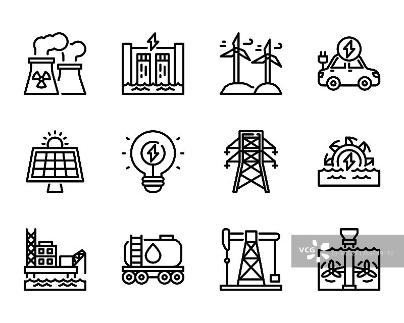 可持续能源轮廓图标和符号图片素材