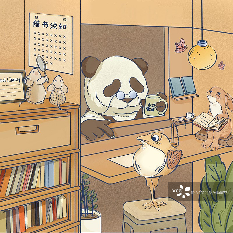 小动物们在熊猫先生的书店看书图片素材