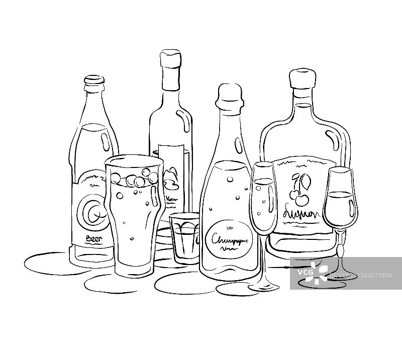 瓶子、玻璃杯、啤酒、伏特加、香槟和白酒图片素材