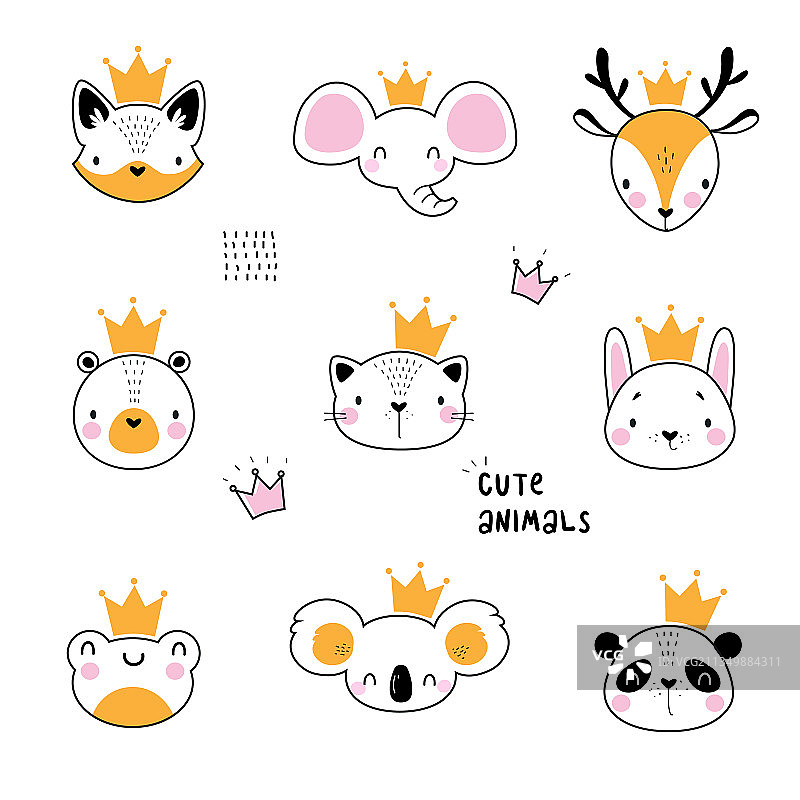 戴着金色皇冠的可爱动物头像轮廓图片素材