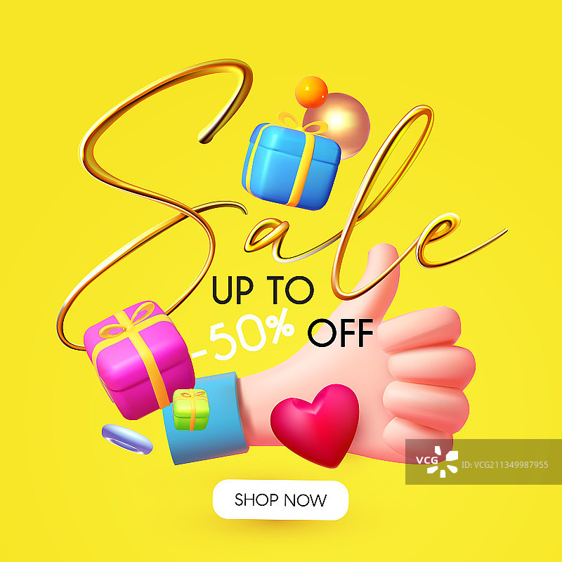 带有竖起大拇指标志和礼物的3D金色促销设计图片素材