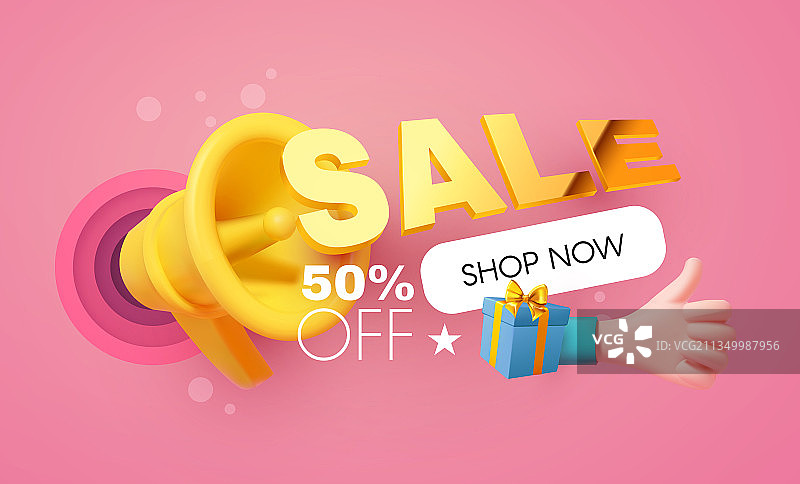 带有扩音器和竖起大拇指的3D金色促销设计图片素材