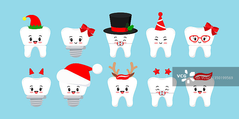 圣诞牙齿冬季牙科图标集图片素材
