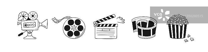 手绘电影场景：电影摄影机和场记板图片素材