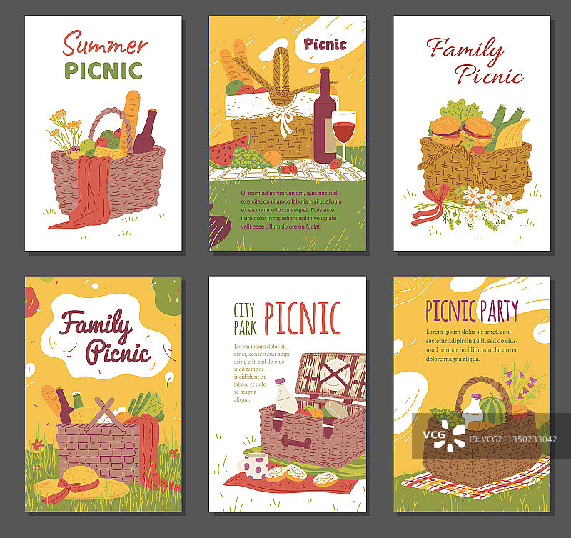 带野餐篮的卡片或海报合集图片素材