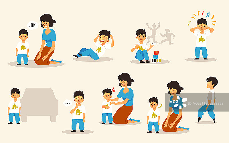 自闭症母子扁平插画合集图片素材