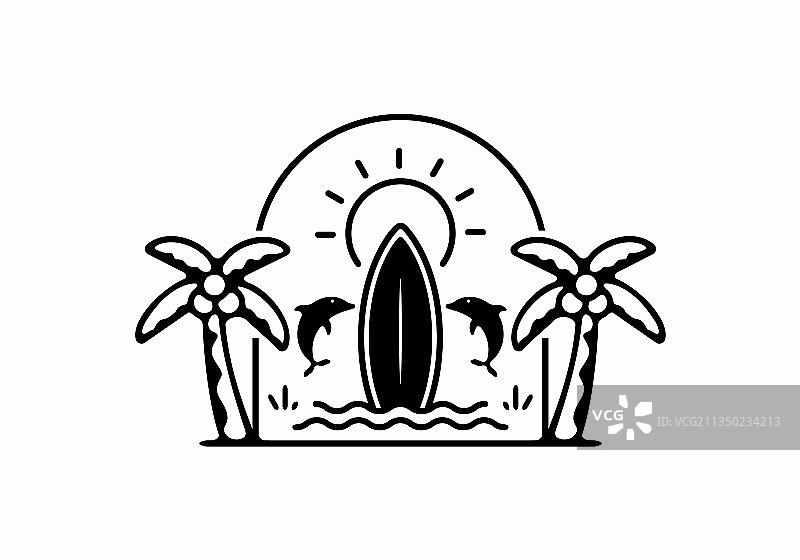冲浪板和海豚徽章线条艺术图片素材