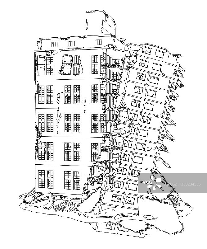黑色线条勾勒的损毁建筑物轮廓图片素材