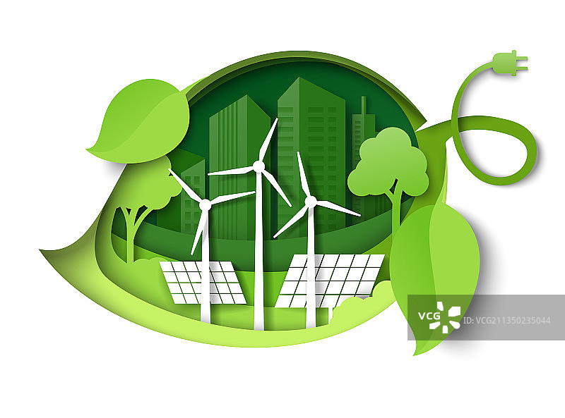 带有风车、太阳能电池板和树木的绿色叶子图片素材