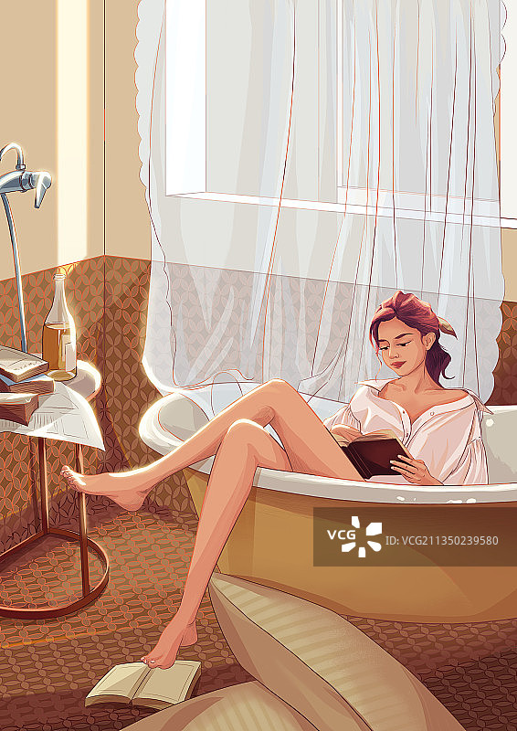 浴缸里看书的女孩图片素材