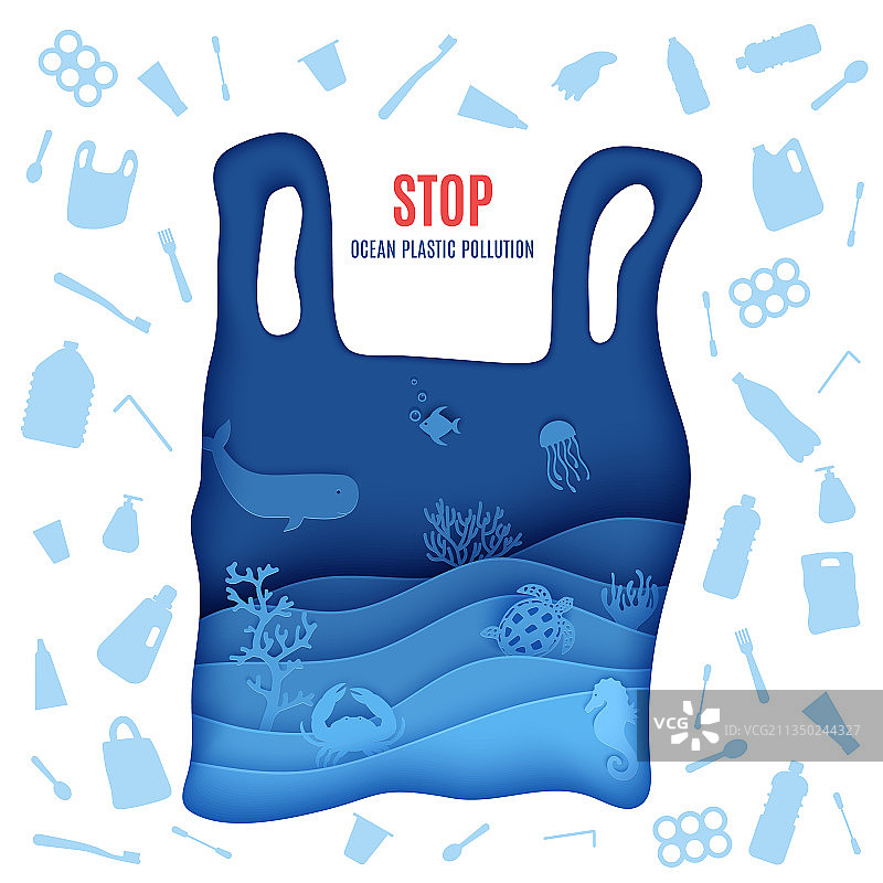 纸雕风格的停止海洋塑料污染海报图片素材