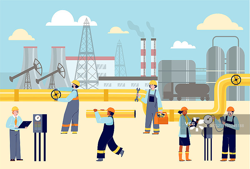 石油生产现场佩戴头盔和工装的工人图片素材