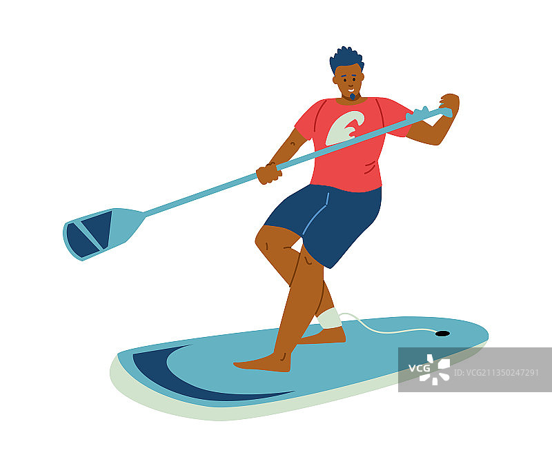 在桨板上划船的非裔美国男子（扁平风格）图片素材