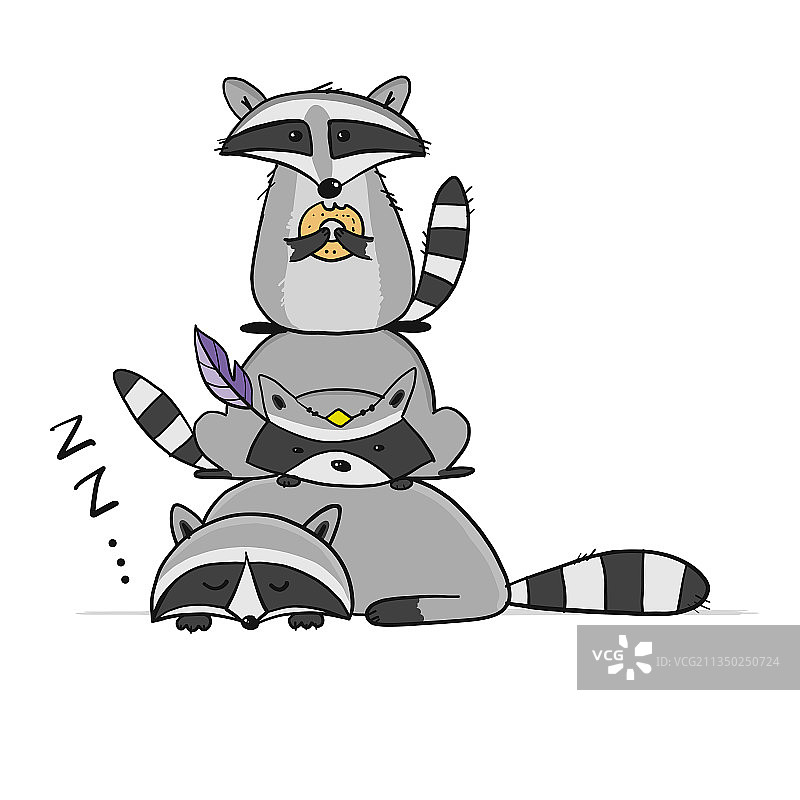 有趣的浣熊一家角色设计图片素材