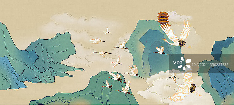 中国风新中式中国画青绿山水画湖北武汉黄鹤楼历史建筑插画图片素材