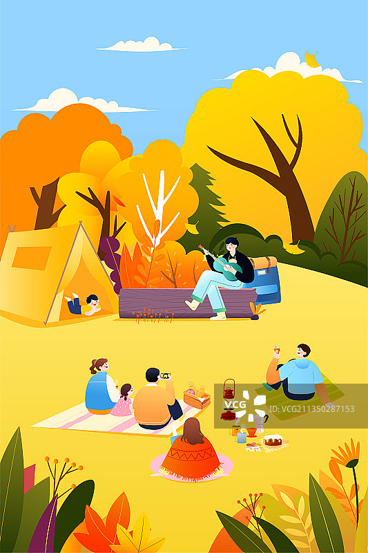 秋天人在户外露营歌唱矢量插画竖图图片素材