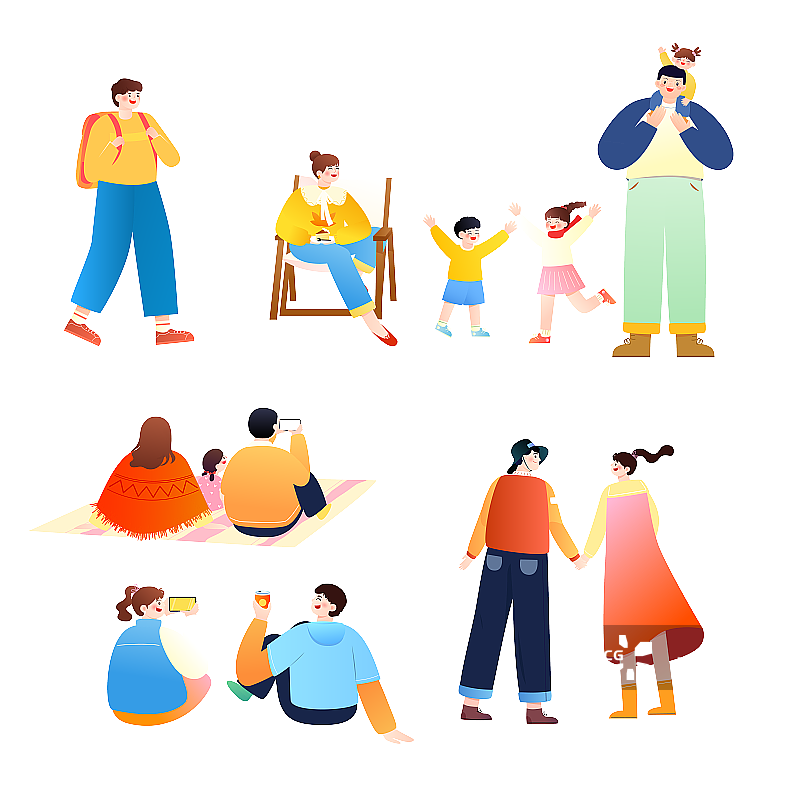 多人物出行游玩矢量人物插画元素图片素材