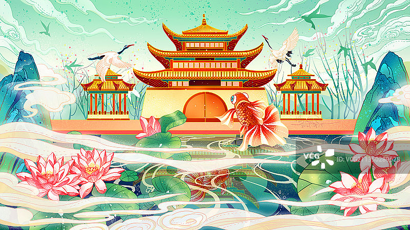 荷花鲤鱼建筑图片素材