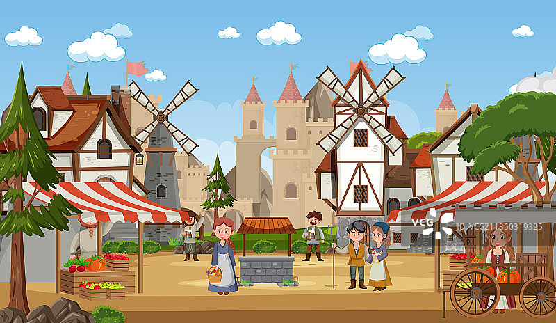 中世纪小镇市场里的村民图片素材