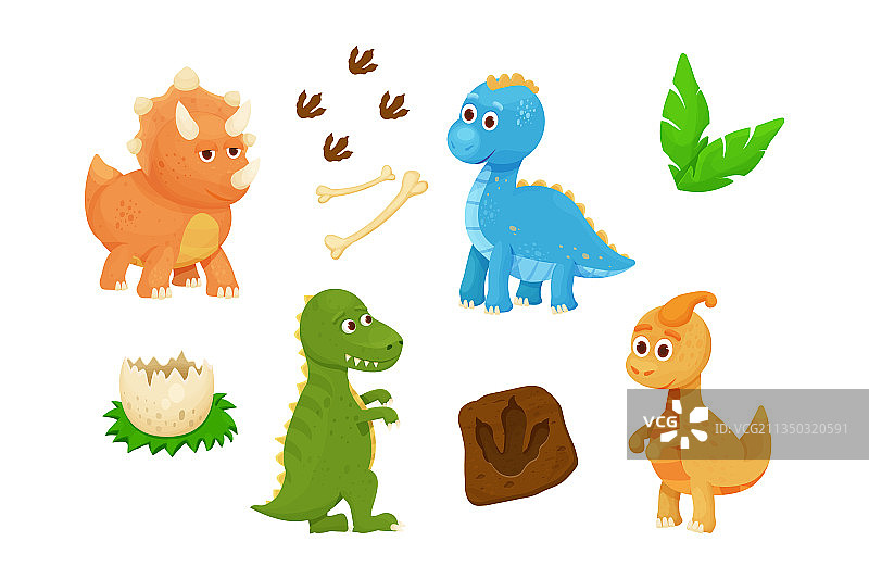 设置可爱的小恐龙与恐龙蛋脚印图片素材