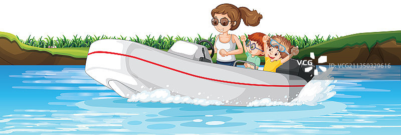 一名妇女驾驶快艇载着孩子们图片素材