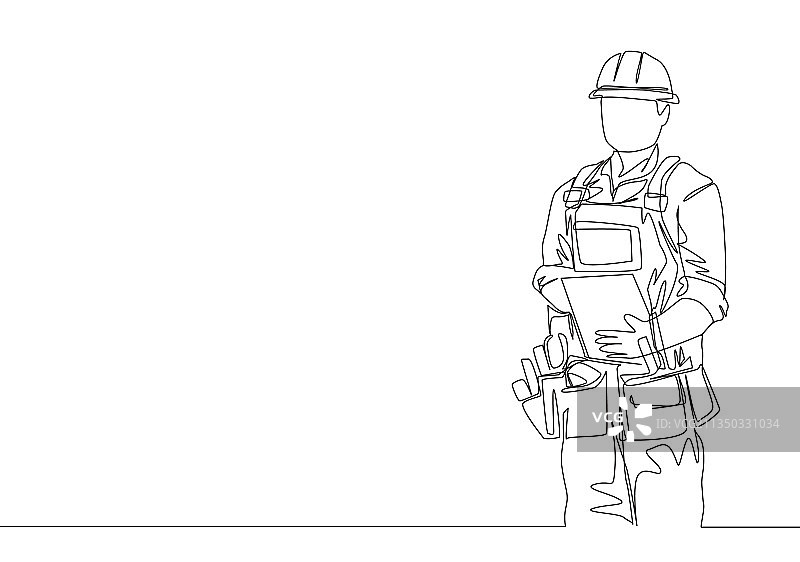 年轻工人穿着工作服连续线条画图片素材