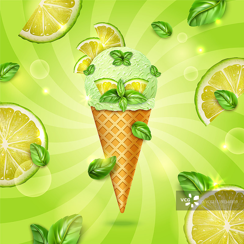 逼真细致的3D薄荷青柠冰淇淋甜筒图片素材