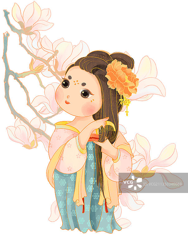梳妆的唐朝宫廷胖美人与玉兰花图片素材