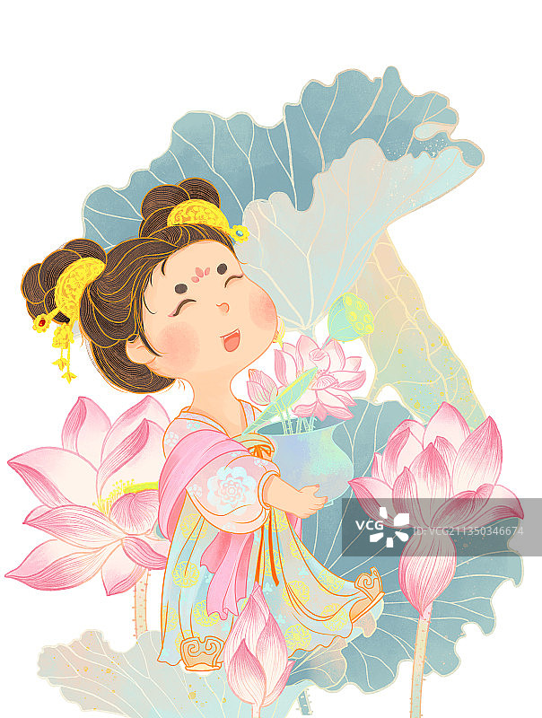 唐朝宫廷胖美人与荷花荷叶花瓶图片素材