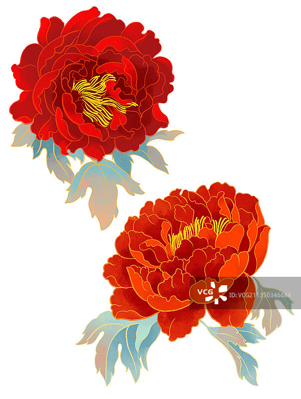 五月盛开的红色牡丹花国潮插画图片素材