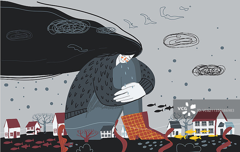 悲伤的年轻女孩坐着并难过地拥抱自己图片素材