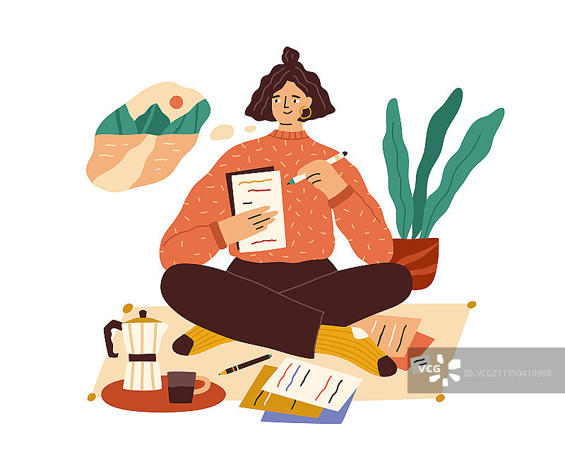 有创意的年轻女人在思考和写作图片素材