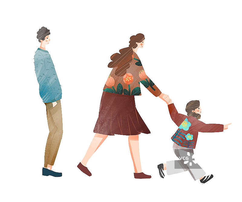 一家三口散步插画元素图片素材
