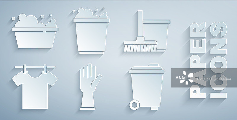 橡胶手套拖把和水桶晾衣物套装图片素材