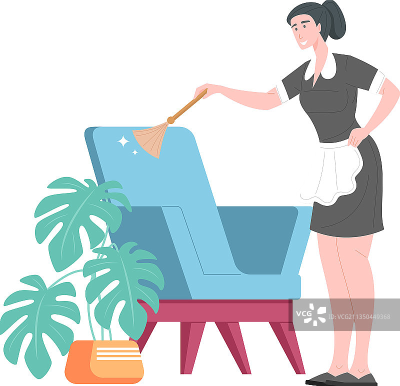 女佣用刷子擦拭扶手椅图片素材