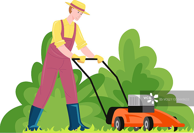 用电动割草机修剪草坪的男园丁图片素材
