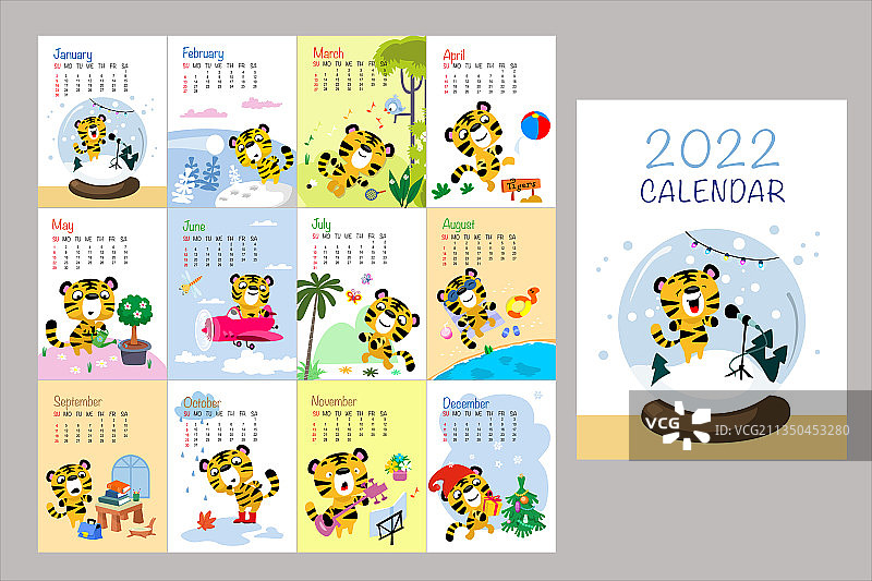 英文日历与手绘可爱老虎图片素材