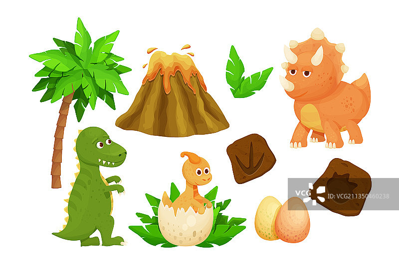 设置可爱的小恐龙与恐龙蛋脚印图片素材