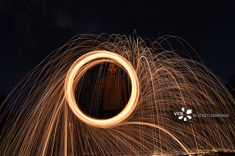 男人在印度马哈拉施特拉邦瓦德冈的夜晚旋转钢丝棉图片素材